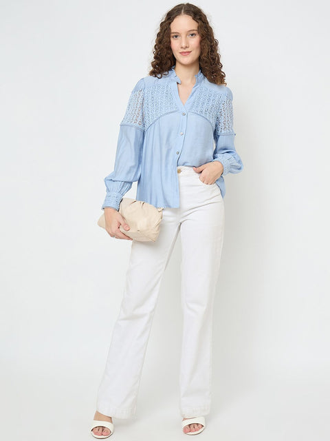 Madame Lace Detailed Pleated Front Powder Blue Top