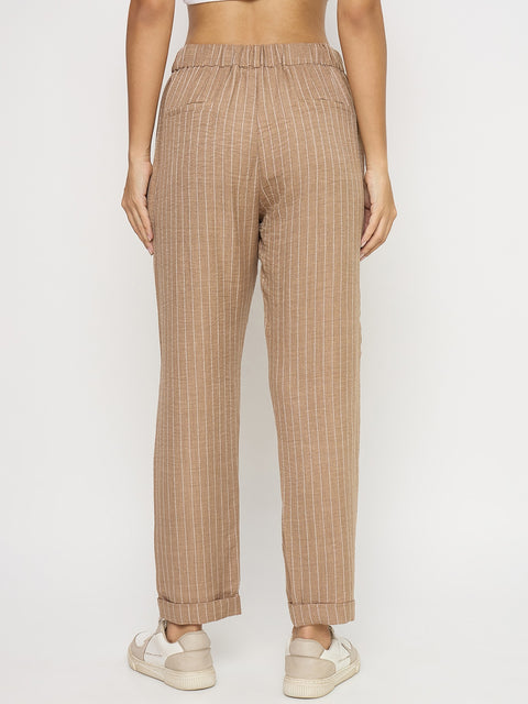 Madame Textured Brown Viscose Tapered Trousers