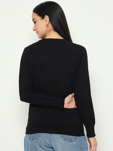 Madame V Neck Solid Black Sweater