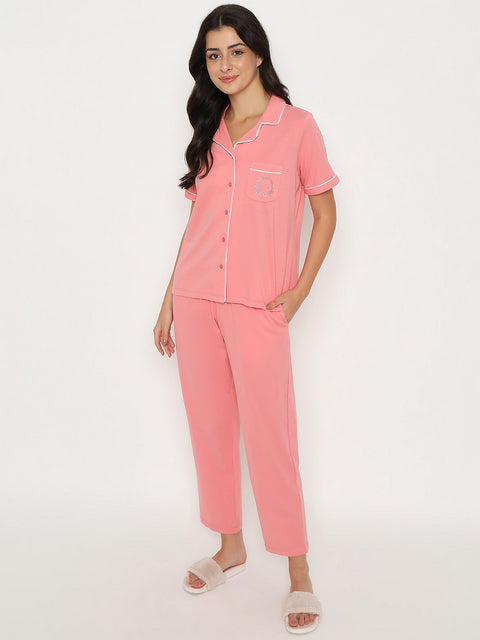 mSECRET Embossed Top and Bottom Coral Cotton Night Suit
