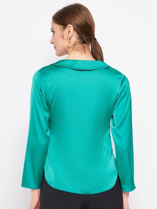 Madame V-Neck Solid Green Satin Shirt
