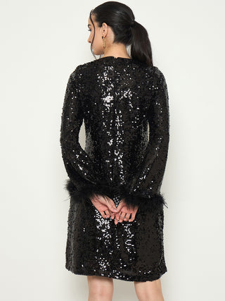 Madame Black Shimmery Midi Dress with Fur Flared Sleeves
