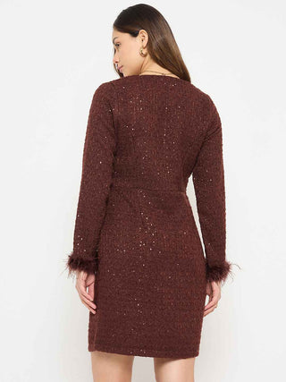 Madame Brown Bodycon Dress with Feather Trim Sleeves
