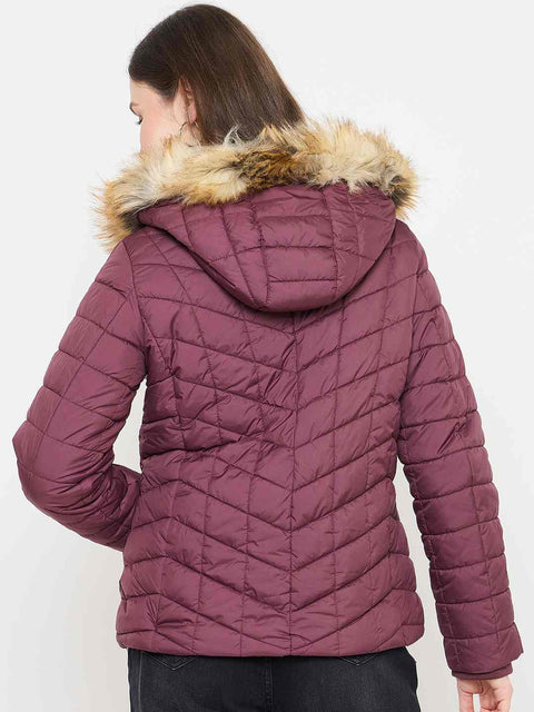Madame Wine Colour Quilted Jacket with Faux Fur Hood