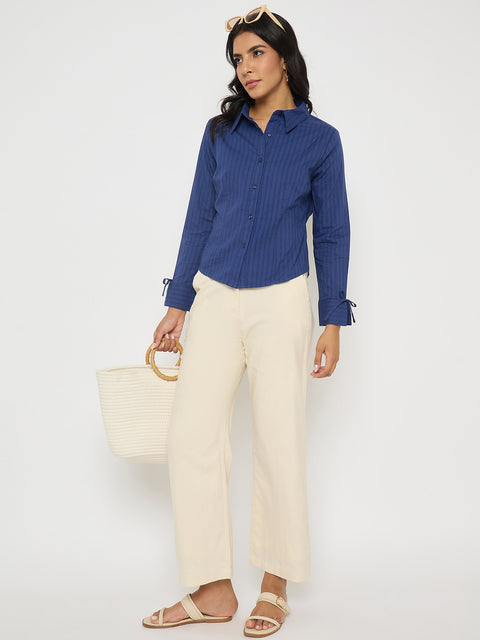 Madame Solid Wide Leg Off White Rayon Blend Trousers