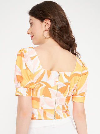Madame Marble Print Square Neck Tangerine Orange Crop Top