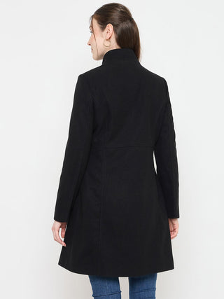 Madame Black Long Coat with Stand Collar and Buttons