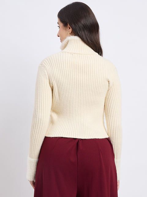 Madame Bow Accented High Neck Beige Sweater