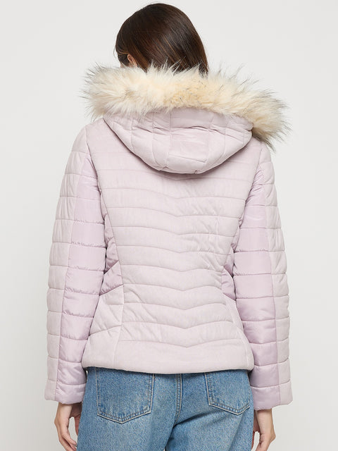 Madame Mauve Quilted Fur Collar Full Sleeve Short Jacket