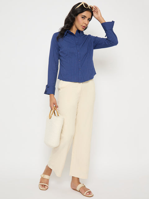 Madame Striped Solid Navy Cotton Shirt