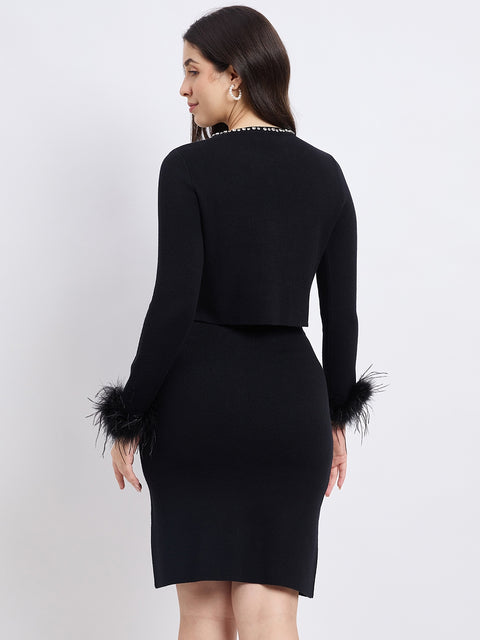 Madame Embellished Feather Trim Black Knit Co-ord Set