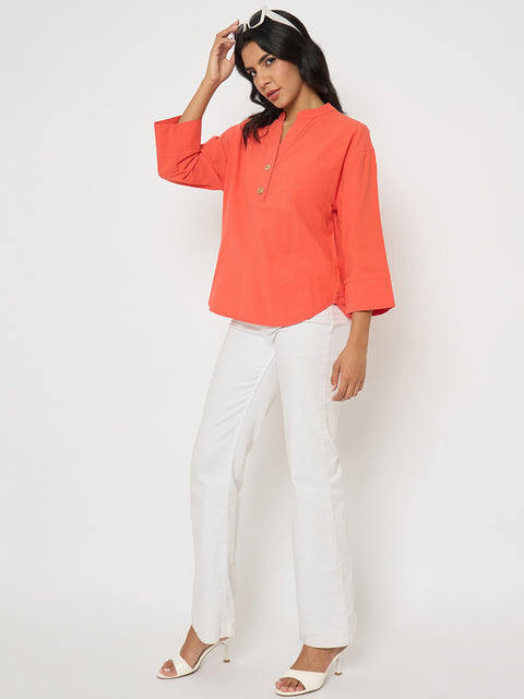 Madame Button Detail Solid Coral Cotton Top