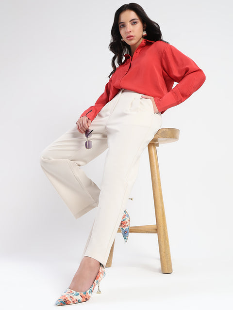 Madame Pleat Detailed Solid Beige Straight Trousers