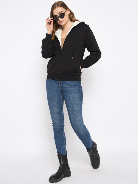 Madame Metal Detailed Zipper Black Hooded Sweatshirt