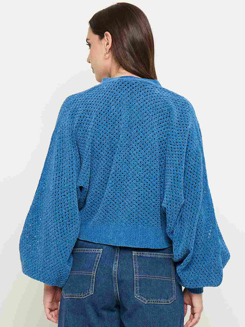 Madame Textured Relaxed Fit Blue Sweater