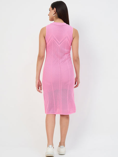 Madame Pink Cotton Knit Self-Design Bodycon Dress