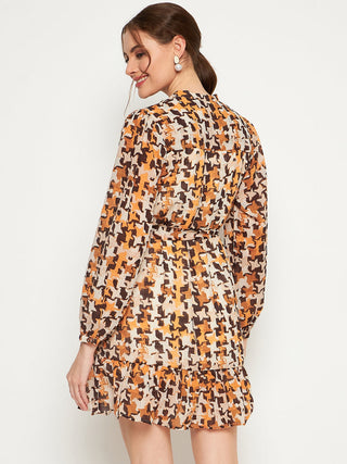 Madame Beige Abstract Print Self-Belted Dress