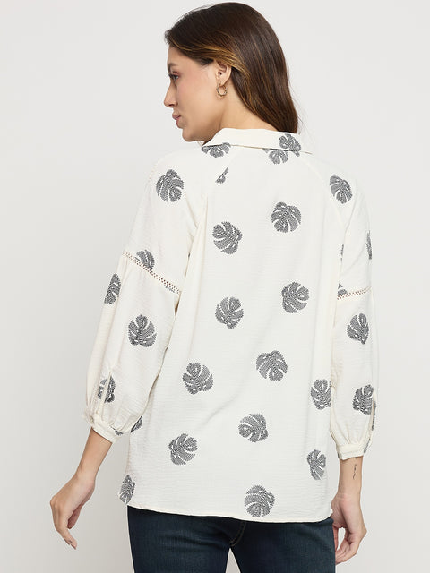 Madame Off White Printed Collar Puff Sleeve Top