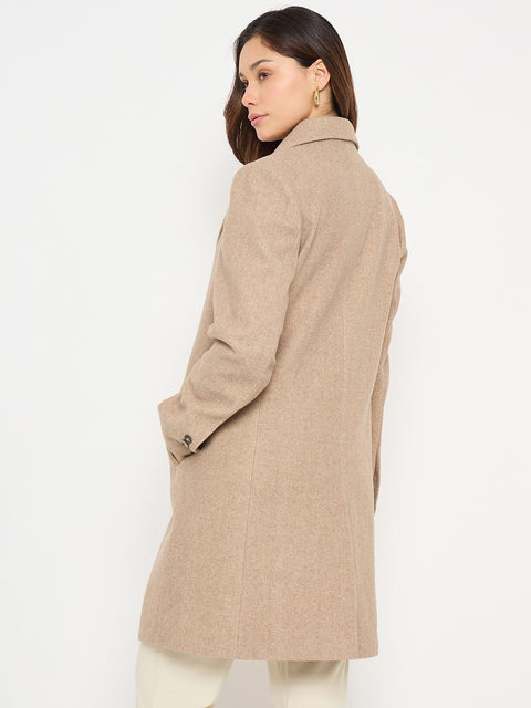 Madame Lapel Notch Collar Beige Long Coat with Buttons