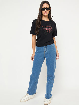 Madame Graphic Print Embellishment Black Cotton T-Shirt