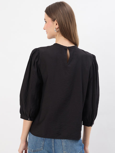 Madame Embroidery Black Rayon Blend Top