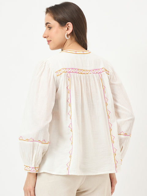 Madame Off-White Embroidered Cotton Mandarin Top