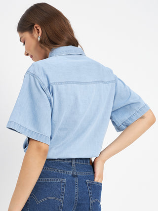 Madame Graphic Print Light Blue Cotton Shirt