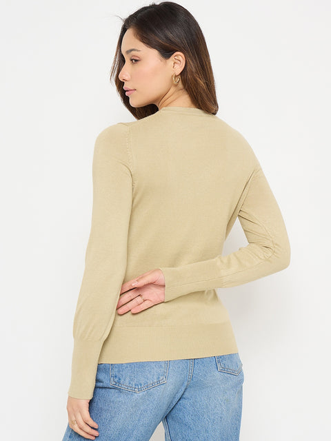 Madame Beige Solid Sweater with Cuff Sleeves