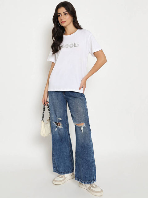 Madame Embellished Typography White Cotton T-shirt