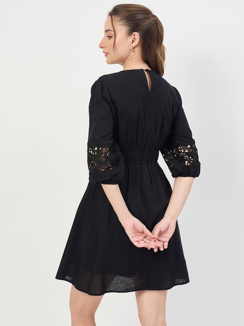 Madame Black Puff Sleeve Cotton Mini Dress
