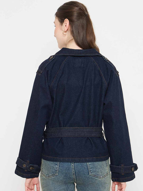 Madame Blue Denim Jacket with Faux Fur Collar and Sleeve Trim