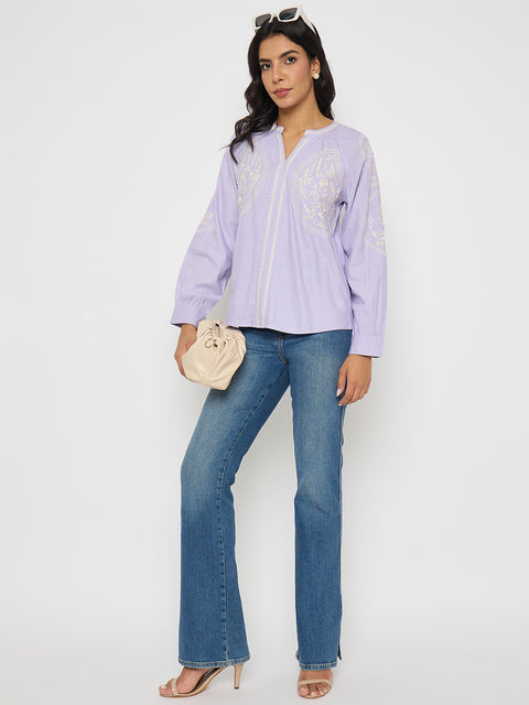 Madame Floral Embroidery Lilac Viscose Blend Top