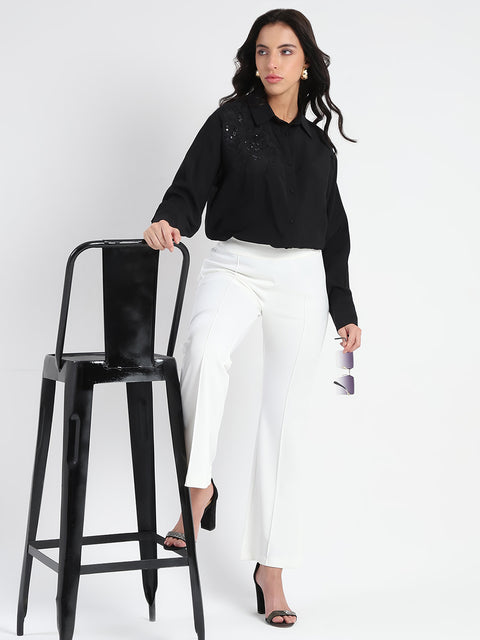 Madame Side Zipper Flared White Knitted Moss Trousers