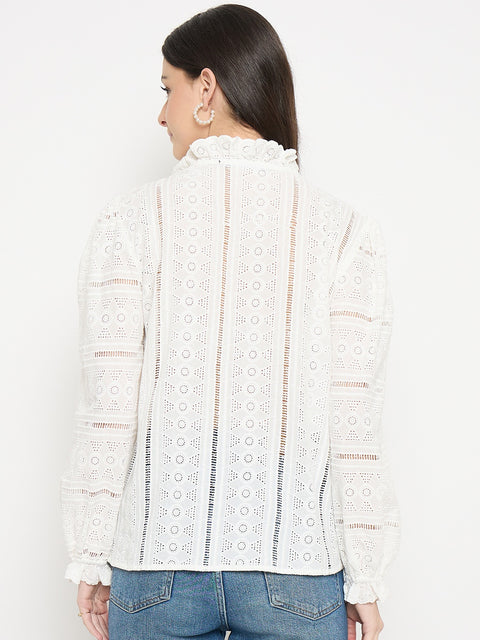 Madame Off White Lace Detailed Cotton Top