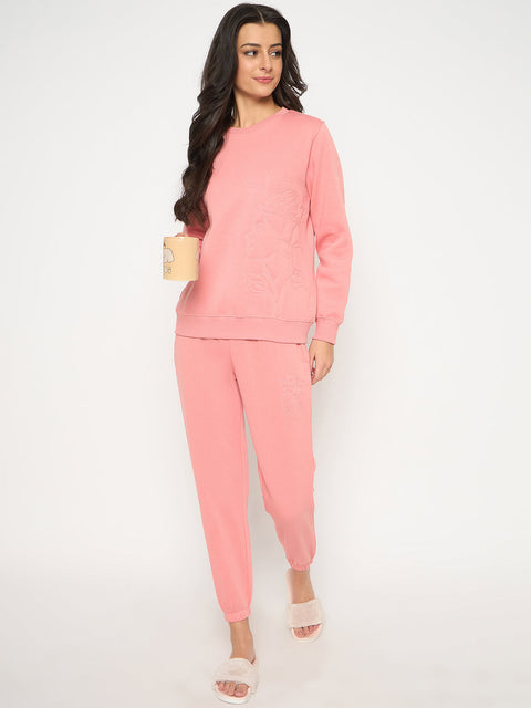 mSECRET Cotton Blend Embossed Detailed Top and Bottom Pink Night Suit