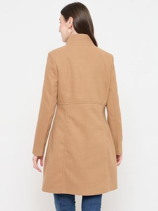 Madame Stand Collar Beige Long Coat with Buttons