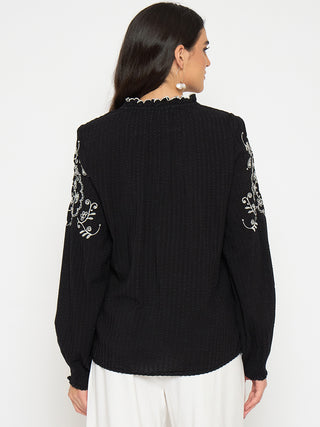 Madame Embroidered Black Viscose Blend Top