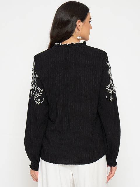 Madame Embroidered Black Viscose Blend Top