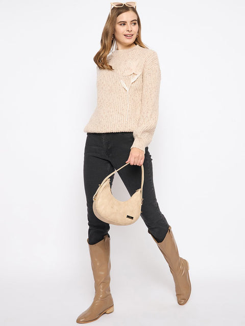 Madame Flower Applique Beige Sweater