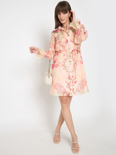 Madame Floral Print Peach Midi Shirt Dress