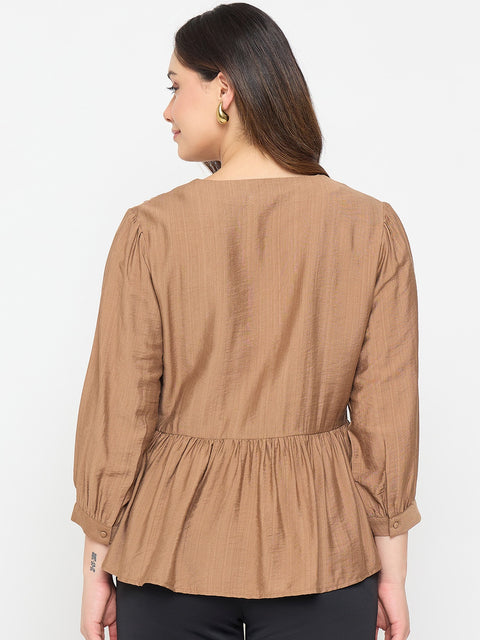 Madame Brown Embroidered Buttoned Peplum Top