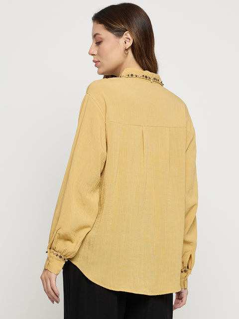 Madame Yellow Embellished Rayon Full Sleeve Shirt