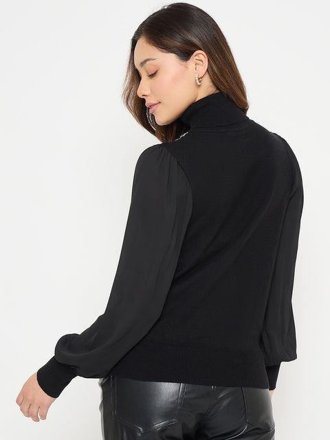 Madame Embroidered Solid Sweater with High Neck and Puff Sleeves