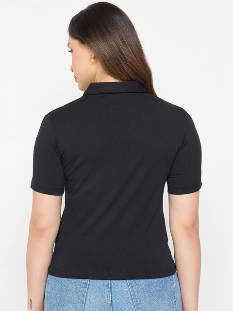 Madame Black Solid Polo T-Shirt