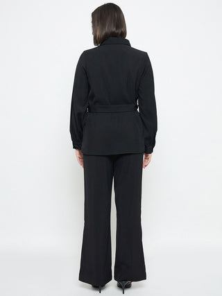 Madame Solid Belted Black Shirt