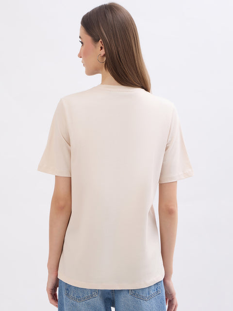 Madame Printed Beige Cotton T-Shirt