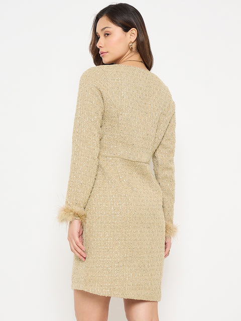Madame Square Neck Beige Bodycon Dress with Feather Trim Sleeves