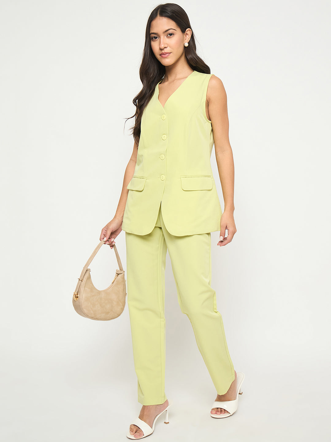 Madame Solid Sleeveless Top and Bottoms Lime Green Co-ord Set color swatch
