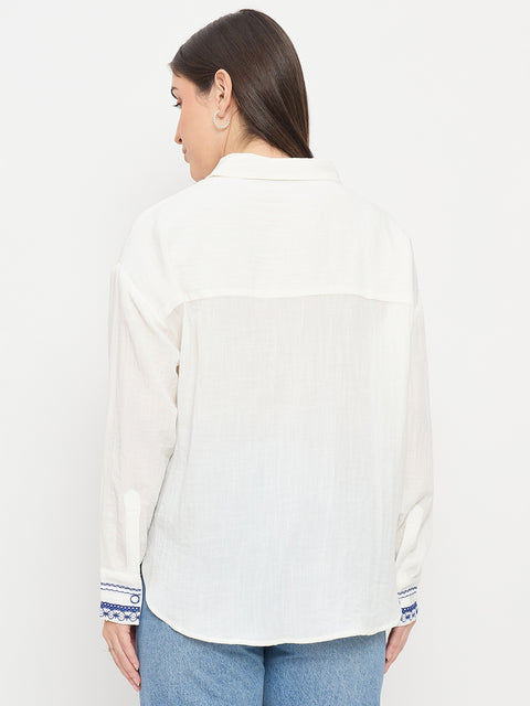 Madame White Textured Rayon Full Sleeve Shirt