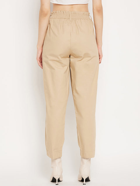 Madame Beige Ankle Length Cotton Trousers